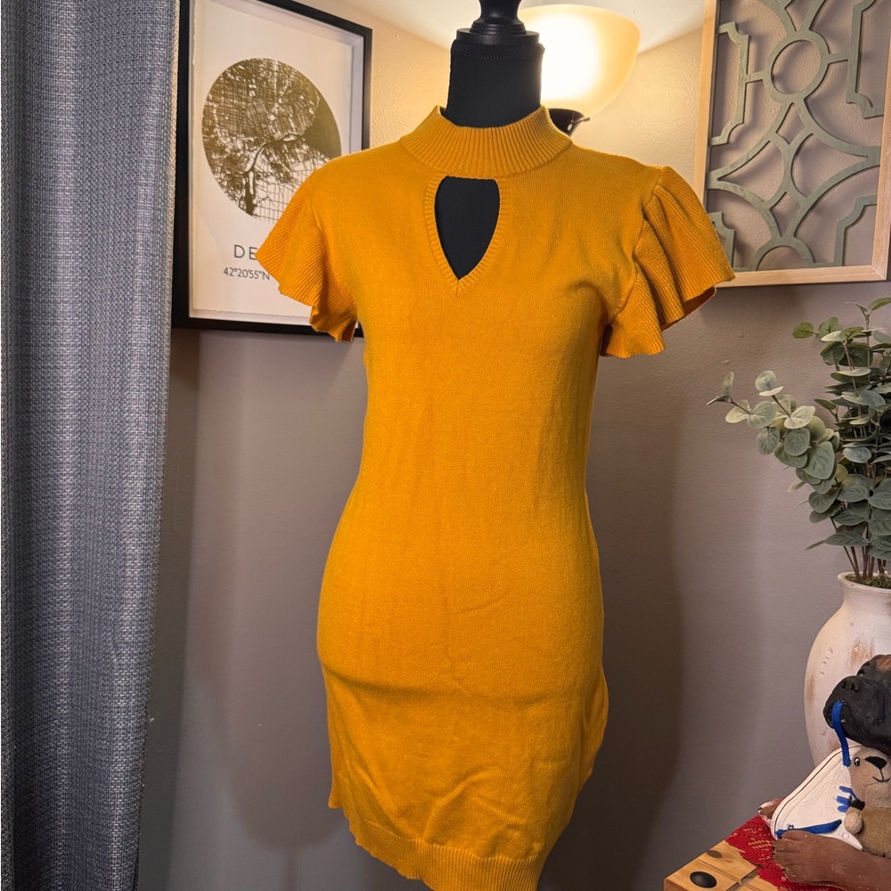 SHEIN Mustard Yellow Mini Sweater Dress with Keyhole Cut-Out
